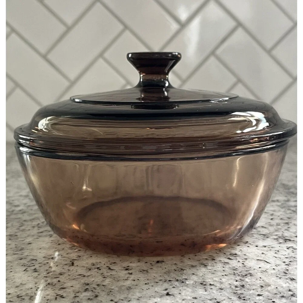 Vintage Corning Visions 0.5L Amber Glass Saucepan Pot Pyrex Lid V-81 USA